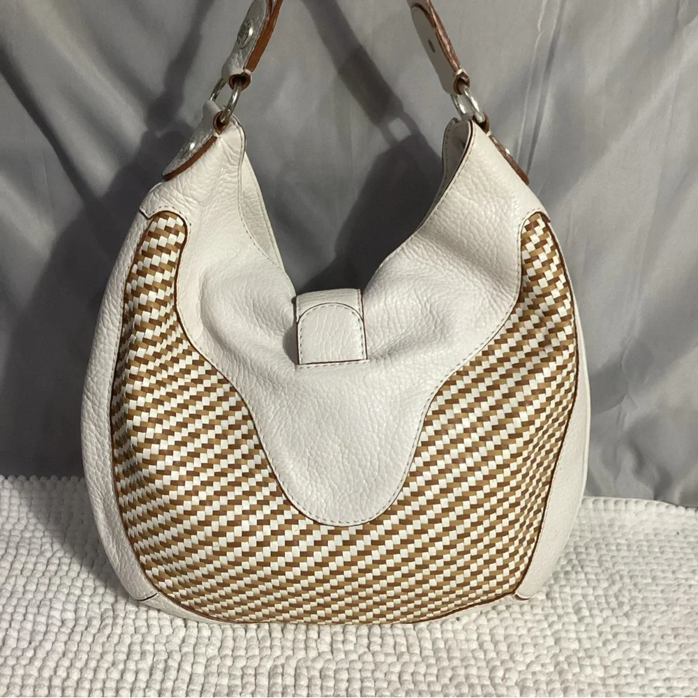 Michael Kors White Tan Woven Leather Hobo Shoulder Bag